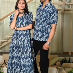 Couple Matching Blue Leaf Print Cotton Anarkali Midi Dress and Shirt Set